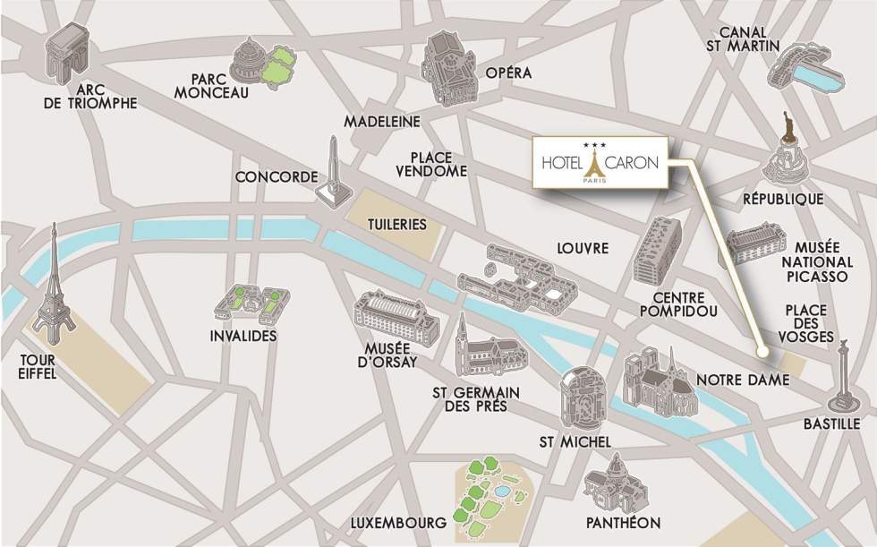 Map of the Marais district in Paris - Hotel Caron Le Marais