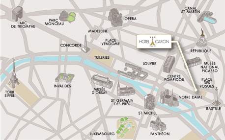 Plan de Paris autour de l'Hôtel Caron, Hôtel Rue Saint Antoine proche de Notre Dame de Paris